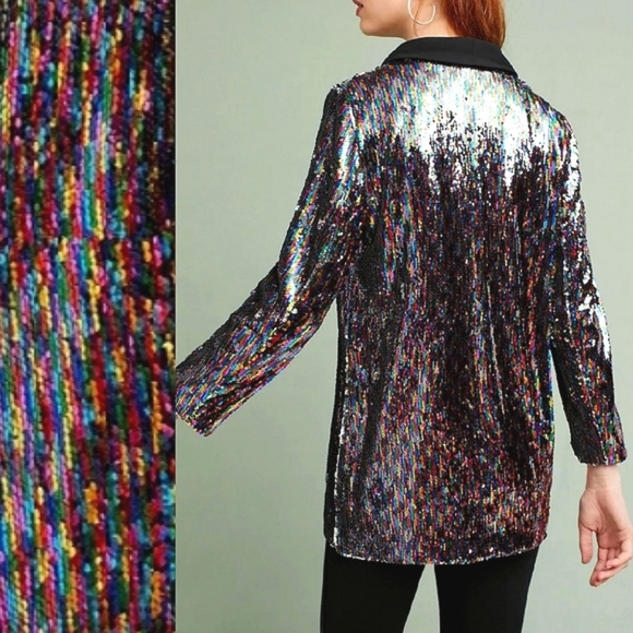 NWOT✨️ Anthropologie Cartonnier Rainbow Silver Black  Sequin Flip Blazer Jacket - Picture 3 of 13